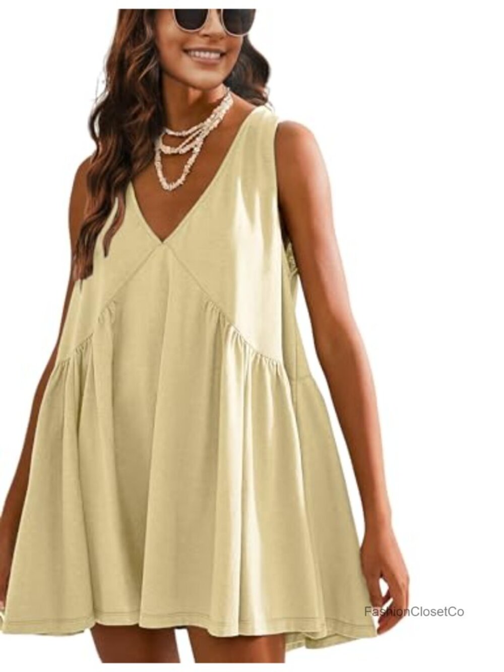Sleeveless Mini Summer Dress with Pockets V-Neck A-Line Loose Fit